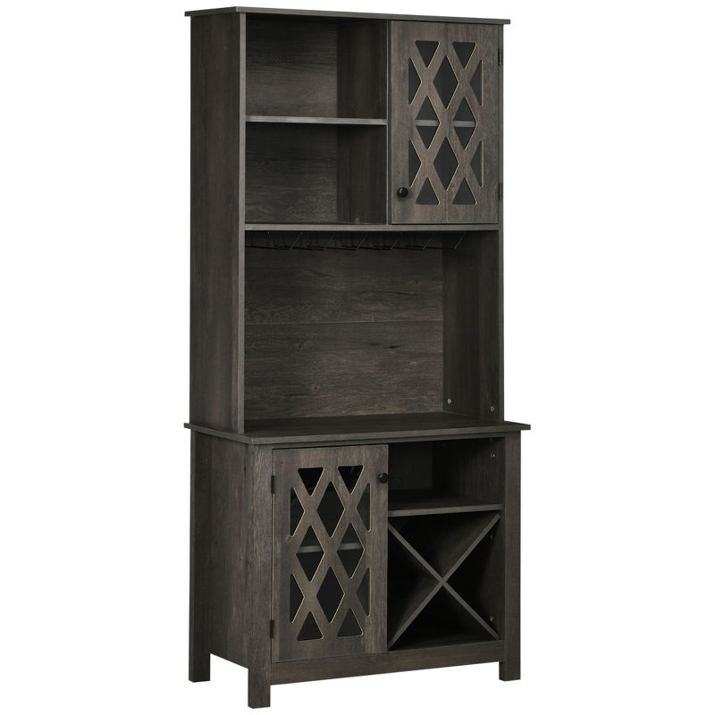 HOMCOM 72" Kitchen Pantry, Buffet with Hutch, Cupboard for Microwave, with 2 Door Cabinet, Wine Glasses Rack and 12-Bottle Wine Rack, Dark Grey, 1 of 7