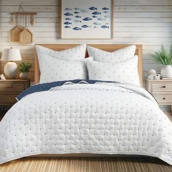Embroidered Swiss Dot White and Navy Quilt Set - Levtex Home