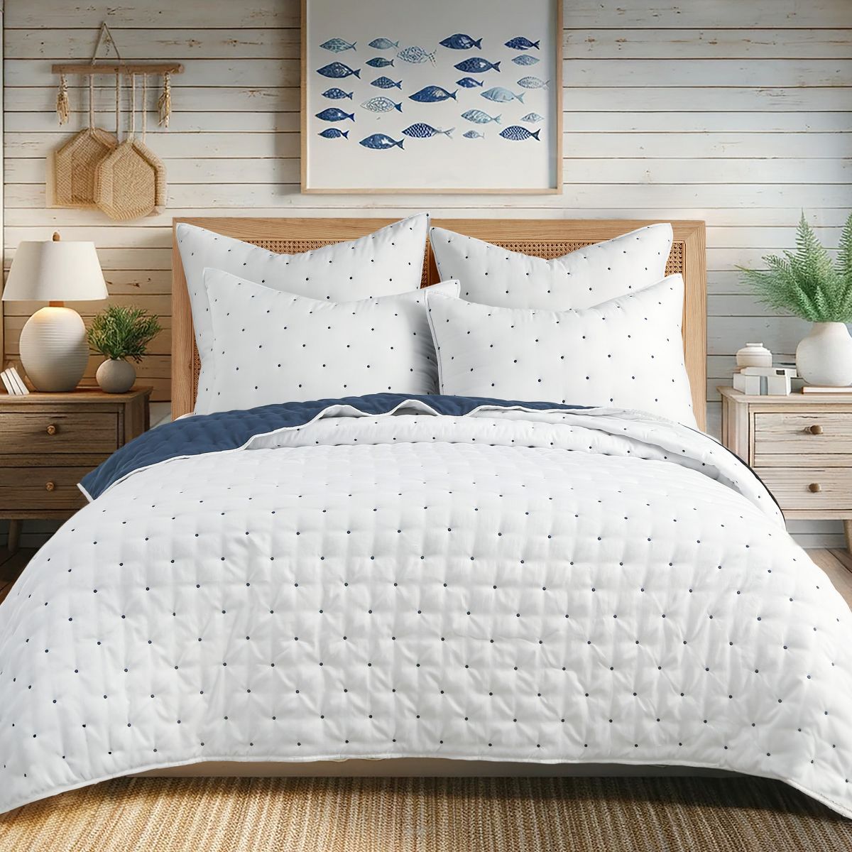 Embroidered Swiss Dot White and Navy Twin/Twin XL Quilt Set – Levtex Home
