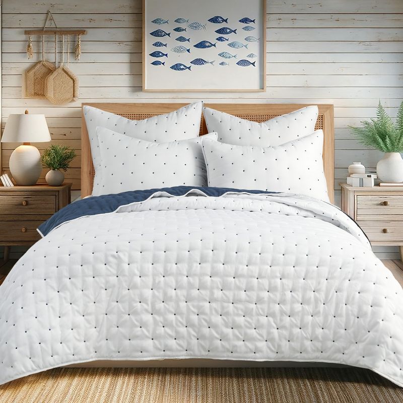 Embroidered Swiss Dot White and Navy Quilt Set - Levtex Home, 1 of 7