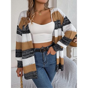 Women's Long Sleeve Hollow Out Color Block Striped Sweater Cardigan Fall Casual Jacket Shirt Top Khaki S - 1 of 4