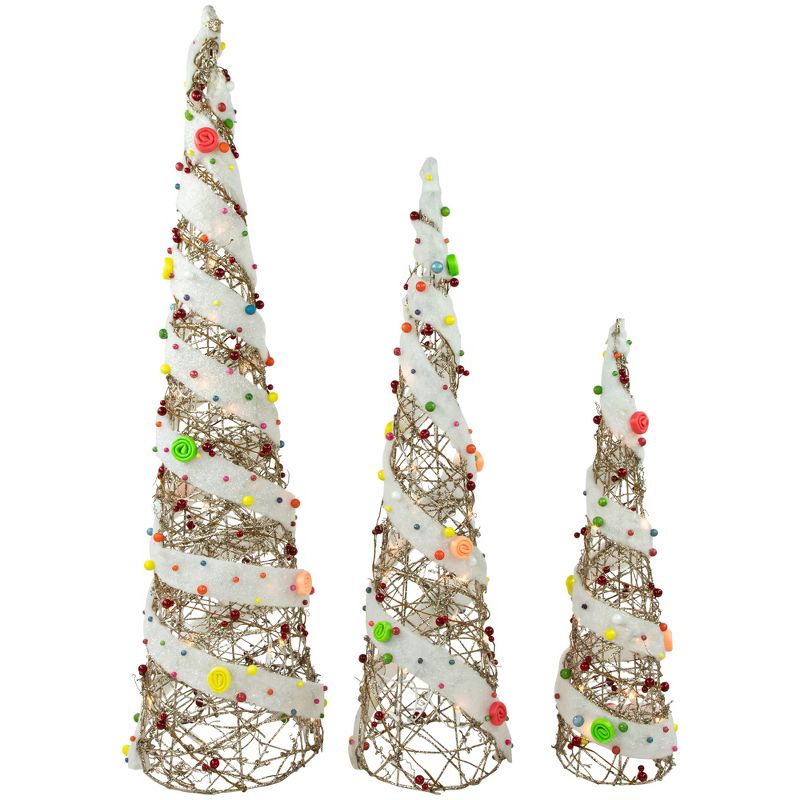 Northlight Set of 3 Lighted Champagne Gold Candy Covered Cone Tree Outdoor Christmas Decorations 40", 3 of 8