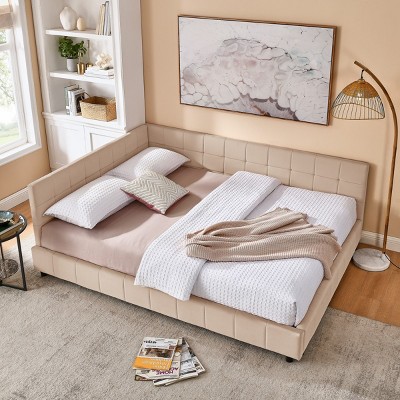 Queen Size Upholstered Daybed Sofa Bed Frame Velvet Tufted Mid-Century Style with Backrest and Armrest for Bedroom or Living Room-LAOTIES