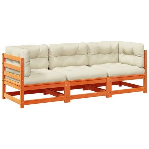 vidaXL 3 Piece Patio Sofa Set - Solid Pine Wood with Cream Cushions - Outdoor Deck Garden Lounge Furniture, Modular Flexibility, Wax Brown Finish - 1 of 4