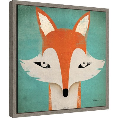 Whimsical Fox Print on Canvas with Gray Frame, 16x16