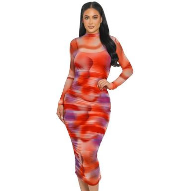 Slickblue Women's Summer Mesh Ruched Midi Dress, Long Sleeve Smock Neck, Tomato/Purple Print, Size S