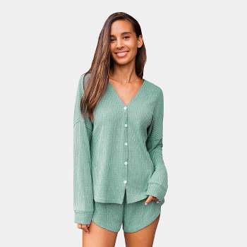 Women's Ribbed Front Button Long Sleeve Top & Shorts Pajama Set - Cupshe