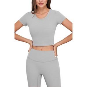 Slickblue Women's Seamless Crop Tee, Fitted Short Sleeve Crew Neck Stretch Top, Grey, Size S-L - 1 of 4