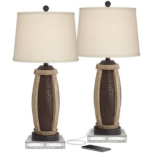 John Timberland Parker Industrial Table Lamps Set of 2 with Square Risers 30" Tall Bronze Wood USB Charging Port Oatmeal Drum Shade for Living Room - 1 of 4