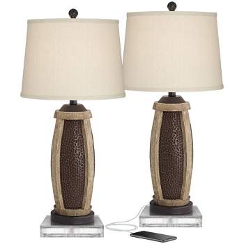 John Timberland Parker Industrial Table Lamps Set of 2 with Square Risers 30" Tall Bronze Wood USB Charging Port Oatmeal Drum Shade for Living Room