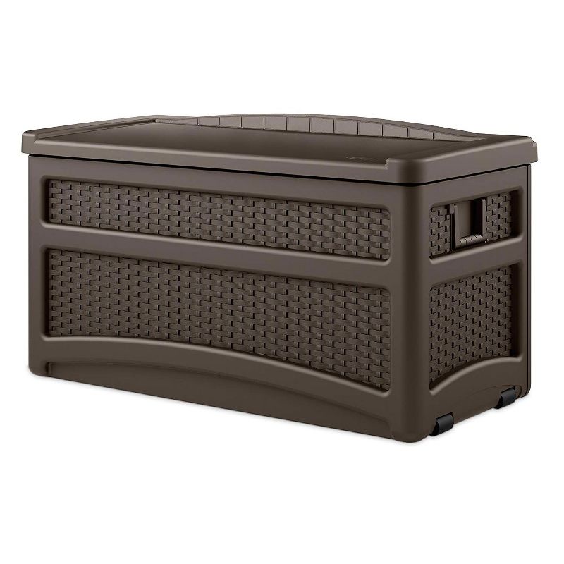 Suncast 73 Gallon Deck Box w/ Seat & Trash Hideaway Outdoor Garbage Bin, Java, 2 of 7