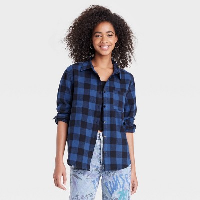 Women's Grateful Dead Long Sleeve Checkered Graphic Button-Down Shirt Flannel - Navy Blue