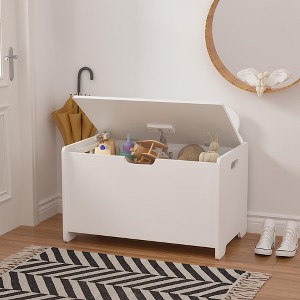 KWPZQEB Wooden Toy Chest with Cute Bear-Shaped Backboard, Kids Toy Box with Safety Hinged Lid, Wooden Look Accent Furniture for Living Room, White - 1 of 4