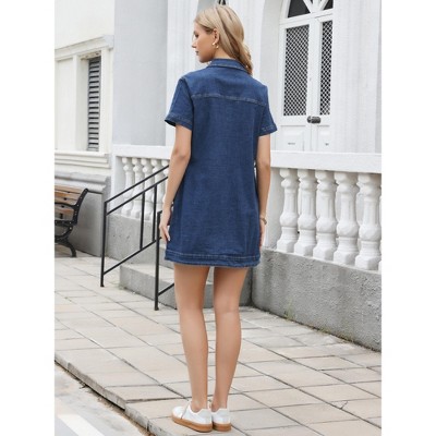 Женские платья INSPIRE CHIC Women's Denim Short Sleeve Turndown Collar Button Down Shift Mini Jean Dresses Medium Dark Blue — фото 3