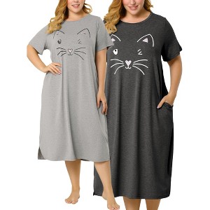 Agnes Orinda Women's Plus Size Cute Cat Print Short Sleeve with Pockets Nightgowns - 1 of 4