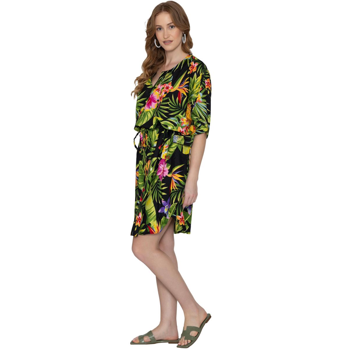 LA LEELA Summer Rayon Blend Women Vacation Cover Up Dress Holiday Resortwear Cruise Pregnancy Wear Comfortable Style 2X-3X Black Leaf - thumbnail 5