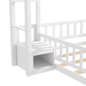 DOMETOUR Twin Size House Shape Headboard Floor Bed with Guardrails, Slats Support, Nightstand ,White - 1 of 4