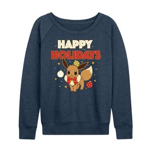 Women's - Pokémon - Happy Holidays Evee Lightweight French Terry Wide Neck Long Sleeve Shirt - 1 of 4