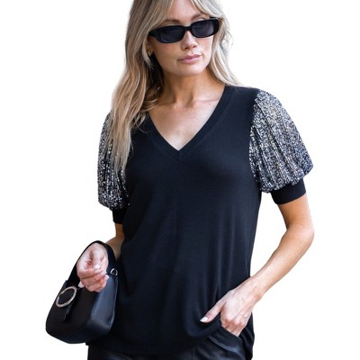 Amaryllis Women's Short-Sleeve V-Neck Top Sequin Puff Sleeves Elegant Stylish