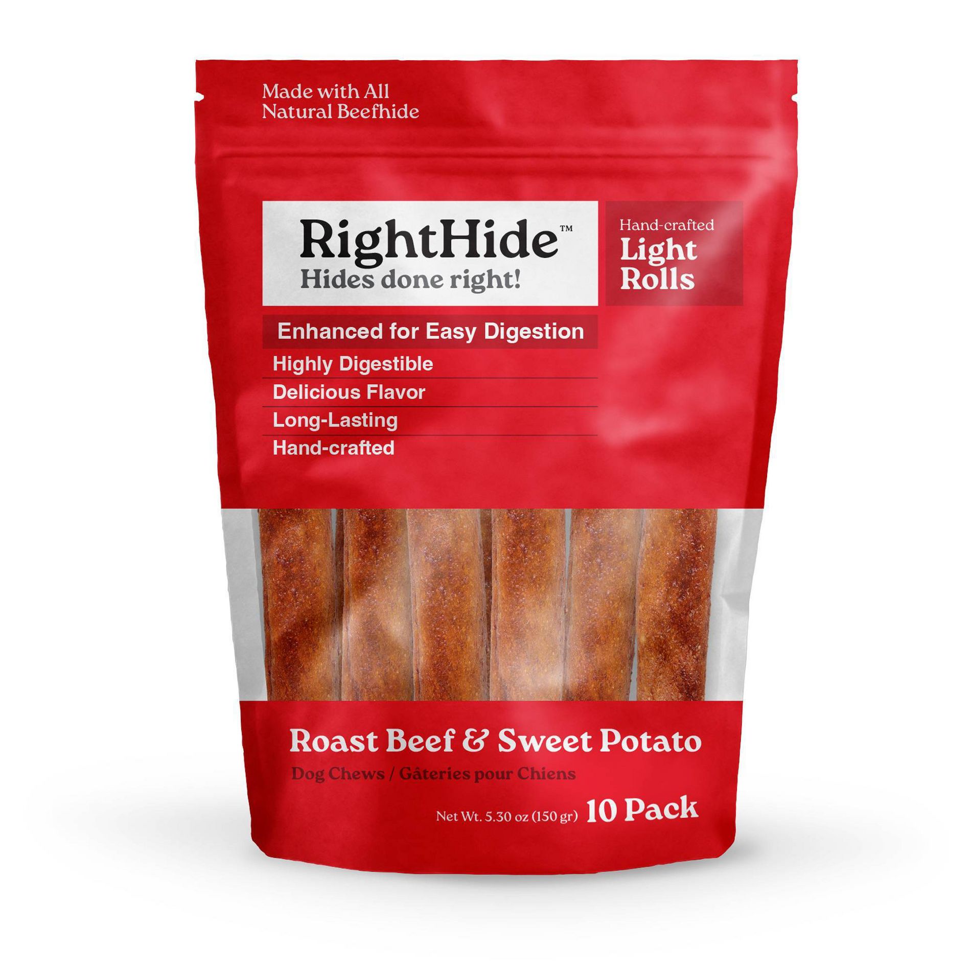 RightHide Light Rolls Roast Beef and Sweet Potato Flavored Beef Hide Dog Treats - 5.3oz/10ct