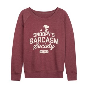 Women's - Peanuts - Snoopy Sarcasm Society Lightweight French Terry Wide Neck Long Sleeve Shirt - 1 of 4
