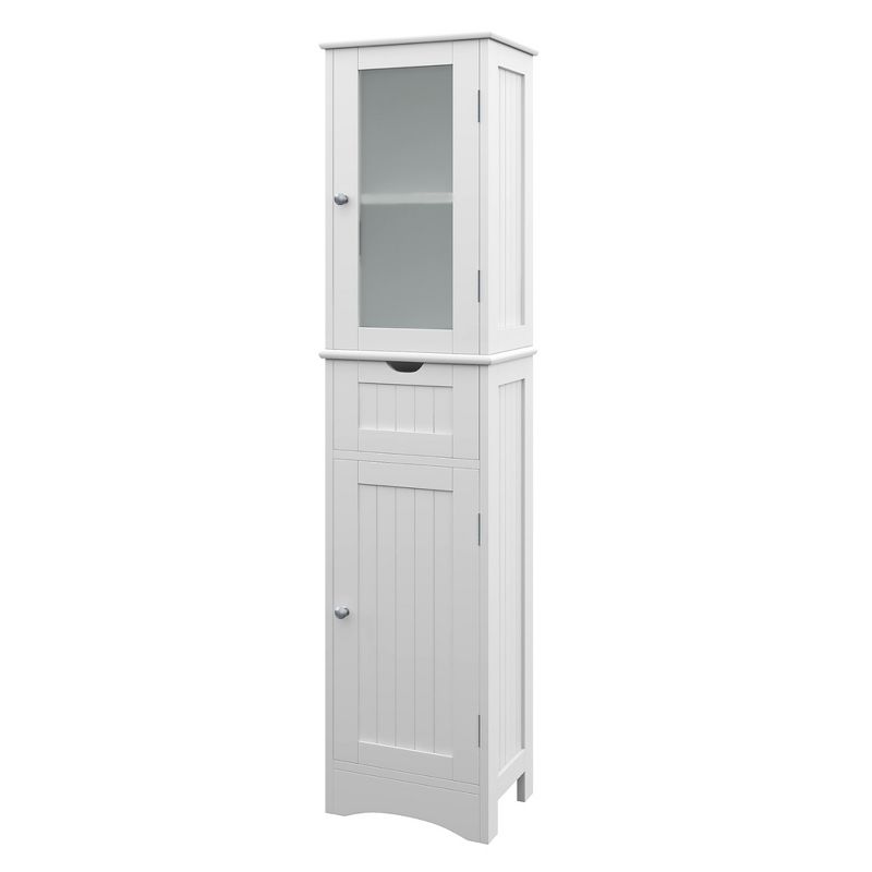 Costway Bathroom Tall Cabinet Freestanding Linen Tower with Doors & Drawer Black/Grey/White, 1 of 11