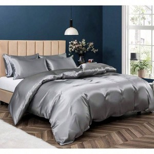 Set of 5 Satin Duvet Cover Set, King Size, Grey Luxury Silky Bedding with Zipper, 1 Duvet+ 4 Pillow Cases - 1 of 4