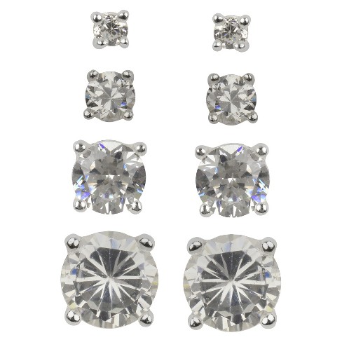 Sterling Silver Cubic Zirconia Quad Multi Size Stud Earring Set - Clear ...