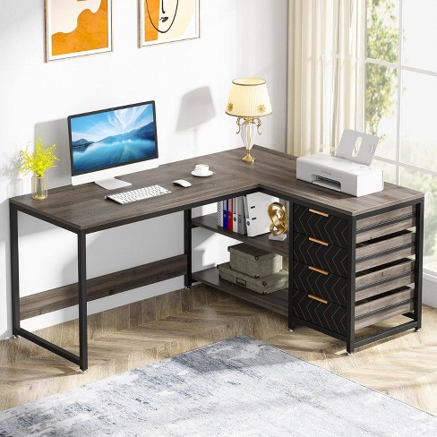 LITTLE TREE 59" Reversible L Shaped Corner Desk with Storage Drawers Gray - image 1 of 4