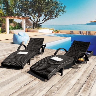 DOMETOUR 80'' Outdoor Wicker Chaise Lounge Chairs, Set of 2, Adjustable Backrest, Pull-out Side Table, Ergonomic Design, Black