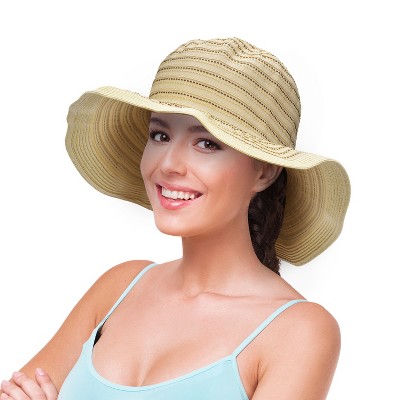 Womens Wide Brim Straw Embellished Floppy Hat, Stylish UV Sun Protection Beach Travel Hats - Tirrinia