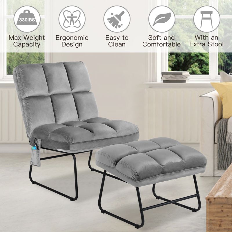 Costway Electric Massage Chair Vibrating Velvet Sofa w/Ottoman and Remote Control Gray, 4 of 11