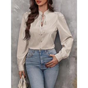 Women's V-Neck Tie Detail Striped Shirt - Long Sleeve Button Down Blouse for Office & Casual - 1 of 4