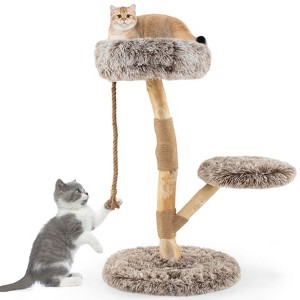 Tangkula Solid Wood Cat Tower Modern Cat Scratching Tree w/Luxurious Perch Teasing Rope - 1 of 4