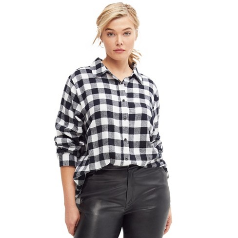 ellos Women's Plus Size Plaid Flannel Shirt, M - Black White Plaid