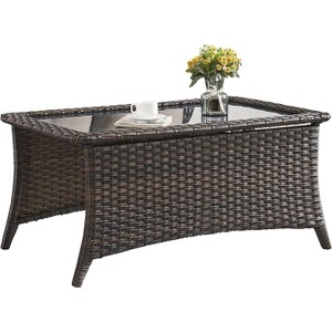 SUGOLD Outdoor Coffee Table Patio Rattan Patio Side Table Built-in Black Glass Top PE Wicker Rectangle Sofa Table Dark Brown, Includes Comfortable Cus - 1 of 1