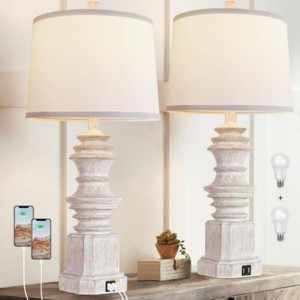 Set of 2 Farmhouse Table Lamps with Resin Base and USB Charging Ports, Nightstand Lamps with LED Light for Bedroom or Living Room-The Pop Home - 1 of 4