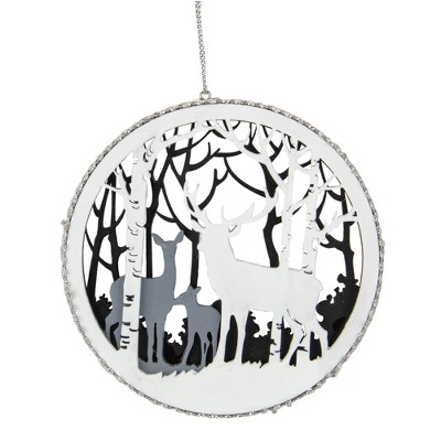 Northlight 4.25" White and Gray Reindeer Family with Forest Trees Disk Christmas Ornament
