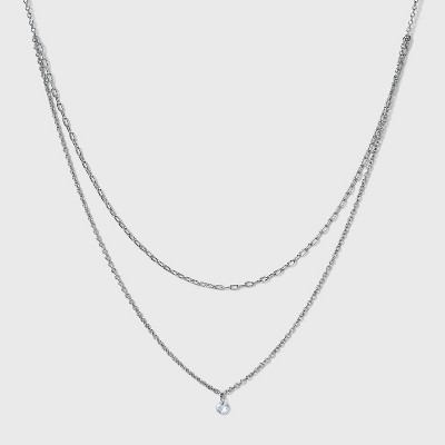 Silver Plated Paperlink Chain and Pierced Cubic Zirconia Necklace Set - A  New Day™ Silver