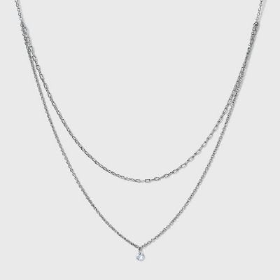 Silver Plated Paperlink Chain and Pierced Cubic Zirconia Necklace Set - A New Day™ Silver