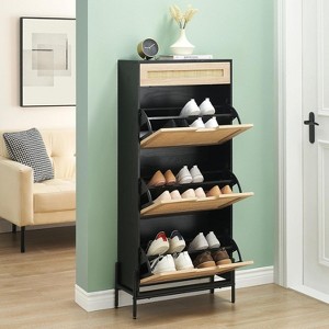3 Flip Drawers Shoe Storage Cabinet with 1 Drawer, Rattan Shoe Organizer Freestanding Narrow Shoe Rack Cabinet with Metal Legs for Entryway - 1 of 4