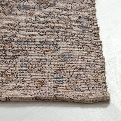 Vintage Inspired Blue and Brown Floral Cotton Rectangular Rug