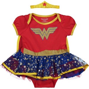 DC Comics Justice League Wonder Woman Baby Girls Cosplay Costume Bodysuit Cape and Headband 3 Piece Set Newborn to Infant  - 1 of 4