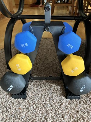 BalanceFrom Fitness 5, 8, and 12 Pound Neoprene Coated Dumbbell Set with  Stand
