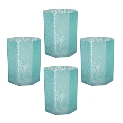 AZL1 Life Concept Candle Holders, Set of 4 Frosted Glass Octagonal Holders for Modern Tabletop and Shelf Decor, Blue, 5.1"*5.1"*5.9"