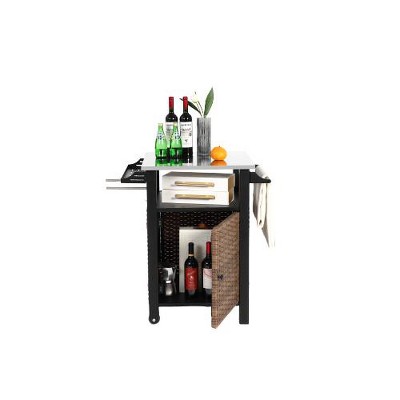 LunaLulinlk Outdoor Kitchen Wicker Island Rolling Cart, Brown