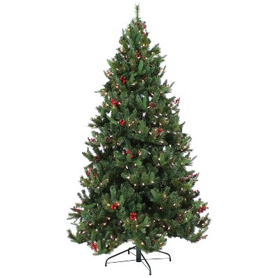 Sunnydaze Merry Berries Pre-Lit Artificial Christmas Tree - 7' H - Green