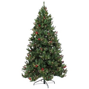 Sunnydaze Merry Berries Pre-Lit Artificial Christmas Tree - 7' H - Green - 1 of 4