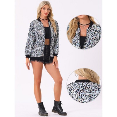 Allegra K Women's Sequined Shiny Long Sleeve Party Zipper Bomber Jacket Silver Large — фото 2