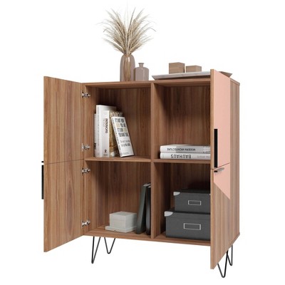 Brown and Pink Mid-Century Modern Low Cabinet with Hairpin Legs